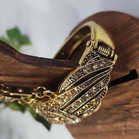 Statement Gold Hinge / Clamper Bracelet with Crystals and Attached Ring New - Picture 8 of 10